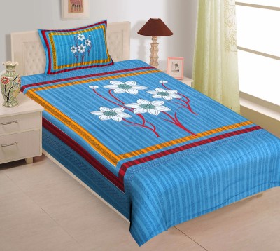 UNIBLISS 144 TC Cotton Single Floral Flat Bedsheet(Pack of 1, Blue)