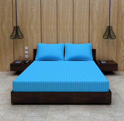 Optra Microfiber Double Flat 300 TC Striped Bedsheet(Pack of 1, Light Blue)