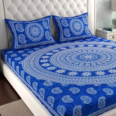 Leo Creation 144 TC Cotton Double Jaipuri Prints Flat Bedsheet(Pack of 1, Blue, White)