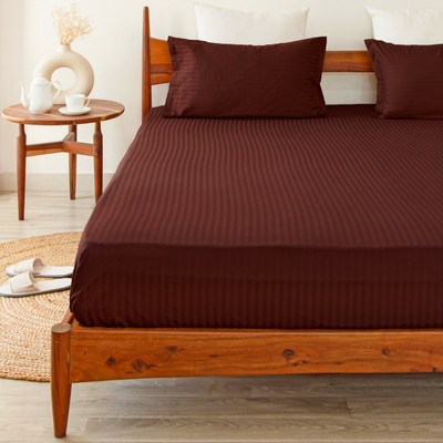 HOMEMONDE Cotton King Fitted (Elastic) 210 TC Striped Bedsheet(Pack of 1, Maroon)