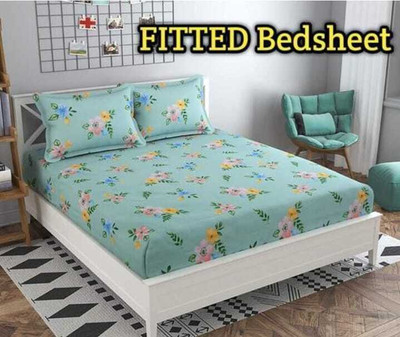 CottonDreamz 160 TC Polycotton Double Floral Fitted (Elastic) Bedsheet(Pack of 1, Green)