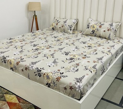 RD TREND 210 TC Cotton King Abstract Fitted (Elastic) Bedsheet(Pack of 1, Cream)