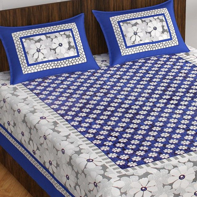 Meejoya Cotton Double Flat 230 TC Floral Bedsheet(Pack of 1, Blue & White)