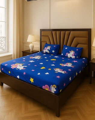 Hss fab Cotton Blend Double Fitted (Elastic) 190 TC Floral Bedsheet(Pack of 1, Blue)