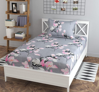 Yamoria Cotton Single Flat 130 TC Printed Bedsheet(Pack of 1, Grey)