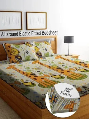 RisingStar Cotton Double Fitted (Elastic) 250 TC Cartoon Bedsheet(Pack of 1, FITTED_Ziraf_Kidz_Double)