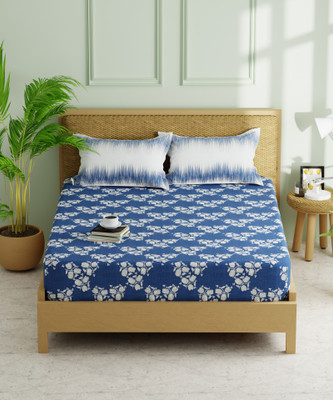 Kopa Microfiber Double Fitted (Elastic) 152 TC Floral Bedsheet(Pack of 1, Blue)