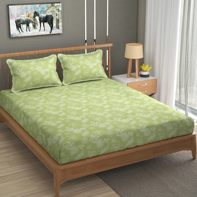 TINDLER KNOTS Cotton Blend King Fitted (Elastic) 280 TC Floral Bedsheet(Pack of 1, Green)