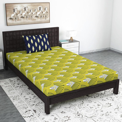 Divine Casa 144 TC Cotton Single Abstract Flat Bedsheet(Pack of 1, Olive Green & Blue)