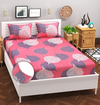 JAGGA 220 TC Polycotton Double Printed Fitted (Elastic) Bedsheet(Pack of 1, Pink)