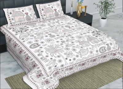 SABHINJO Cotton Double, King, Super King Flat 180 TC Jaipuri Prints Bedsheet(Pack of 1, Brown)