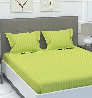 MAYSHA CREATIONS 240 TC Cotton Queen Striped Fitted (Elastic) Bedsheet(Pack of 1, Green)