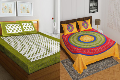Jeevat 160 TC Cotton Double Jaipuri Prints Flat Bedsheet(Pack of 2, Multicolor)
