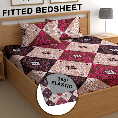 CG Homes Microfiber King Fitted (Elastic) 210 TC Printed Bedsheet(Pack of 1, Beige)