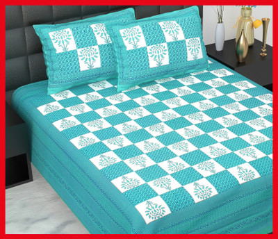 JAIPUR PRINTS Cotton Double Flat 210 TC Jaipuri Prints Bedsheet(Pack of 1, Sky)