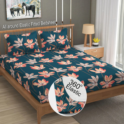 LA VERNE Cotton Double Fitted (Elastic) 144 TC Jaipuri Prints Bedsheet(Pack of 1, Green)