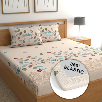 CG Homes 180 TC Cotton Double Printed Fitted (Elastic) Bedsheet(Pack of 1, Multi leaf)