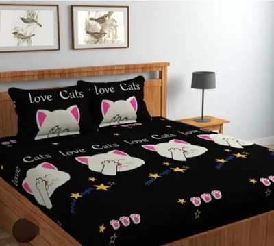 Verma impex Polycotton Double Fitted (Elastic) 270 TC 3D Printed Bedsheet(Pack of 1, Black)