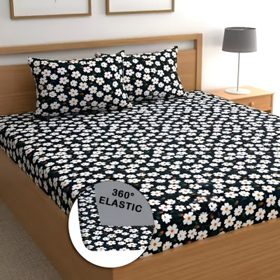 ELIZA KRAFTS Microfiber King Fitted (Elastic) 144 TC Floral Bedsheet(Pack of 1, WHITE-FLORAL)