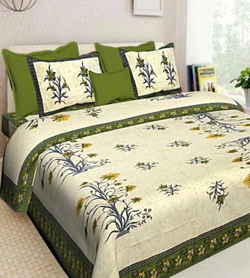 BOMBAY SPEED Cotton King Flat 280 TC Floral Bedsheet(Pack of 1, White, Green)