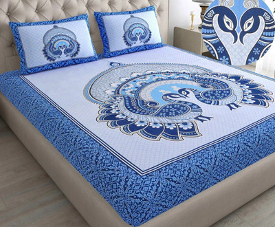BHermosa Cotton Double Flat 144 TC Jaipuri Prints Bedsheet(Pack of 1, Dark Blue)