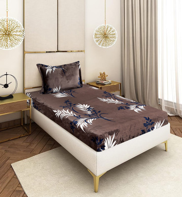 RIBUGROUP Velvet Single Fitted (Elastic) 310 TC Abstract Bedsheet(Pack of 1, Brown)