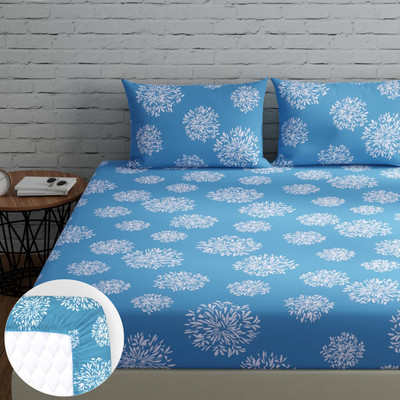 Huesland 144 TC Cotton King Geometric Fitted (Elastic) Bedsheet(Pack of 1, Blue)