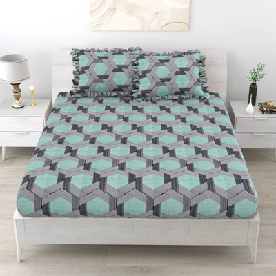 Dream Weaverz Polycotton King Fitted (Elastic) 260 TC Abstract Bedsheet(Pack of 1, Grey-Sea green)