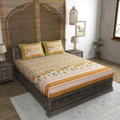 Blocks Of India Cotton King Fitted (Elastic) 200 TC Floral Bedsheet(Pack of 1, Multicolor)