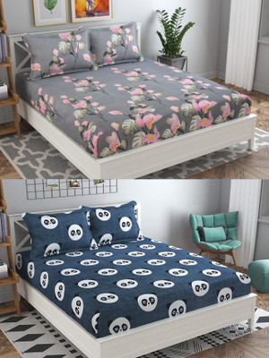 VORDVIGO 220 TC Cotton Queen Abstract Fitted (Elastic) Bedsheet(Pack of 2, Multicolor)