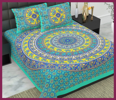 JAIPUR PRINTS Cotton Double Flat 210 TC Jaipuri Prints Bedsheet(Pack of 1, Sea green)