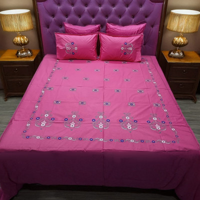 Arsha Chikankari Cotton Double Flat 230 TC Embroidered Bedsheet(Pack of 1, Mrinmoyi - Beige)