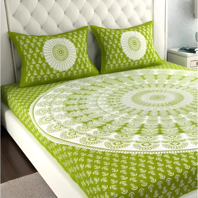 UNIBLISS 144 TC Cotton Double Jaipuri Prints Flat Bedsheet(Pack of 1, Green)