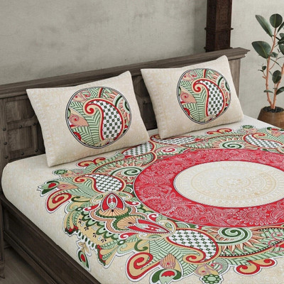 BharatLinen Cotton King Flat 260 TC Printed Bedsheet(Pack of 1, Pink Green)