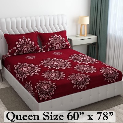 BEDORISM 300 TC Cotton Queen Printed Fitted (Elastic) Bedsheet(Pack of 1, Maroon Damask)