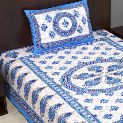 Satnam Prints Cotton Single Flat 160 TC Printed Bedsheet(Pack of 1, Blue)