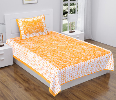 BATHAM HANDLOOM 104 TC Cotton Single Jaipuri Prints Flat Bedsheet(Pack of 1, ORANAJ)