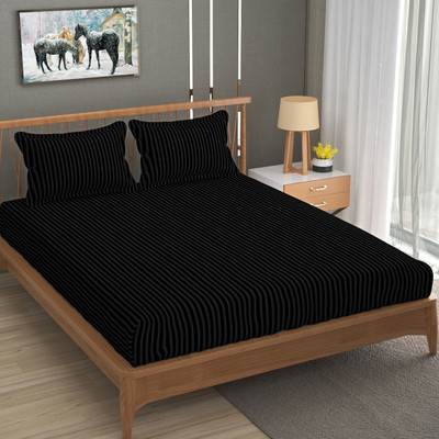 Homefab India Cotton Double Flat 140 TC Striped Bedsheet(Pack of 1, Black, Dark Grey)