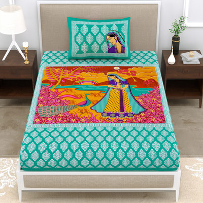 Mandakini 140 TC Cotton Single Jaipuri Prints Flat Bedsheet(Pack of 1, Green)
