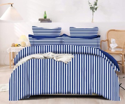 TINDLER KNOTS 160 TC Microfiber Double Printed Flat Bedsheet(Pack of 1, Dark Blue, White Stripe)