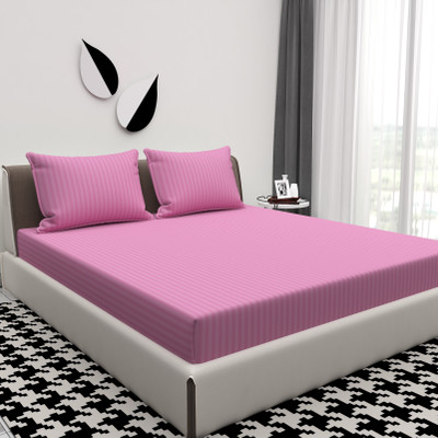 ATCamber Cotton Double Flat 300 TC Striped Bedsheet(Pack of 1, Light Wine)