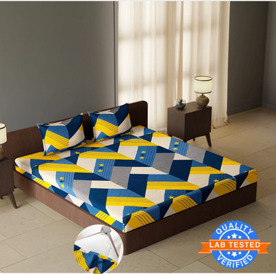 CARLTON LONDON 144 TC Polyester Double Abstract Fitted (Elastic) Bedsheet(Pack of 1, Yellow blue)