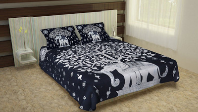 KANDY SHOP Cotton King Flat 250 TC Printed Bedsheet(Pack of 1, Black, White)