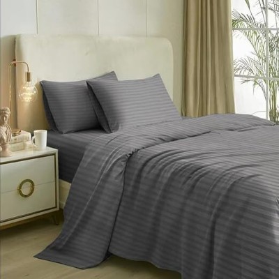 AkiN 220 TC Cotton Double Striped Flat Bedsheet(Pack of 2, Grey, White)