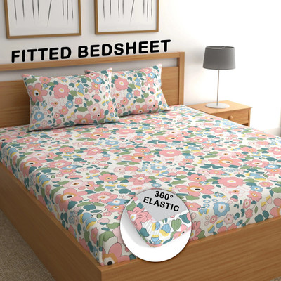 CG Homes Cotton Double Fitted (Elastic) 180 TC Printed Bedsheet(Pack of 1, Pink Multi Flower)
