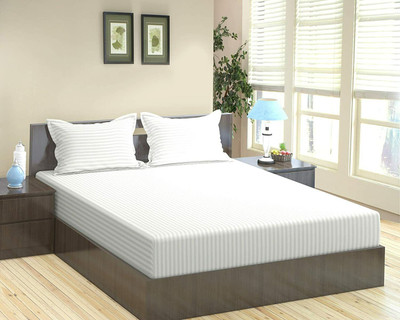 Jinaya's Cotton King Flat 302 TC Striped Bedsheet(Pack of 1, White)
