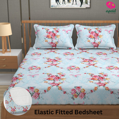 Apala 280 TC Microfiber King Floral Fitted (Elastic) Bedsheet(Pack of 1, Blue)