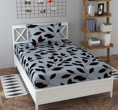 Apni Dukan 204 TC Cotton Single Printed Fitted (Elastic) Bedsheet(Pack of 1, Grey)