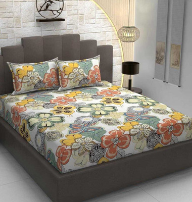 TINDLER KNOTS 300 TC Microfiber, Cotton Double Printed Fitted (Elastic) Bedsheet(Pack of 1, Offwhite-MultiFloral-B1)