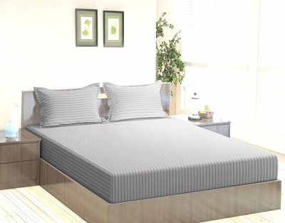 Impeccable Home 220 TC Satin Single Striped Flat Bedsheet(Pack of 1, Grey)